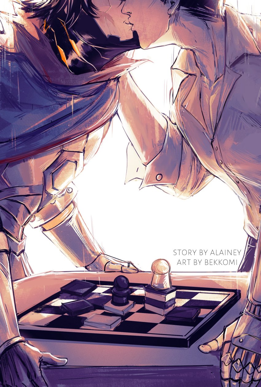 absurdres armor artist_name bekkomi board_game breastplate cape chess chessboard collarbone collared_shirt commentary english_commentary from_side gloves grey_background highres jayce_(league_of_legends) kiss league_of_legends profile shirt short_hair simple_background viktor_(league_of_legends) yaoi