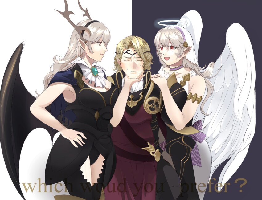 1boy 2girls bavaa black_hairband blonde_hair closed_eyes female_corrin_(fire_emblem) english_text facing_viewer fire_emblem fire_emblem_fates grey_hair hair_between_eyes hairband highres long_hair multiple_girls nintendo open_mouth pointy_ears red_eyes smile xander_(fire_emblem)