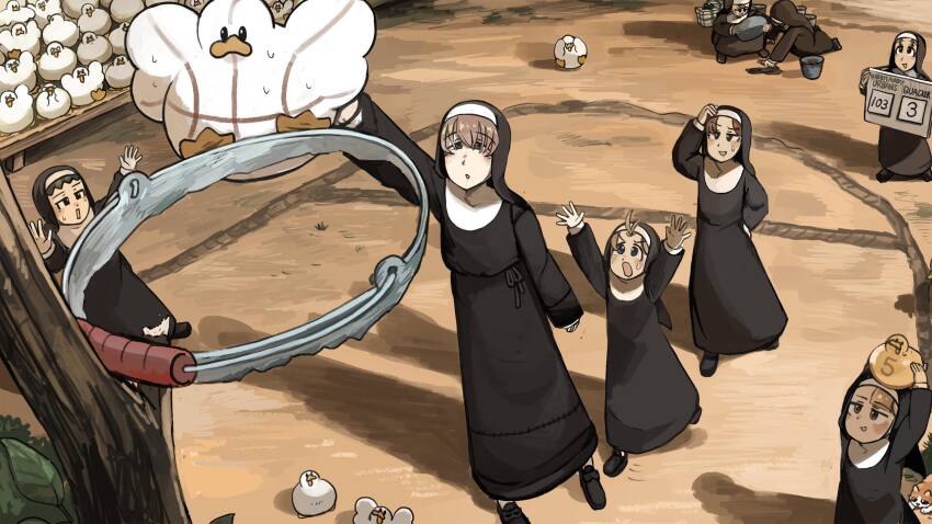 6+girls basketball bird black_hair black_shoes blonde_hair blue_eyes brown_hair bucket cat chicken clumsy_nun_(diva) commentary curly_nun_(diva) diva_(hyxpk) duck duckling english_commentary eyelashes_nun_(diva) froggy_nun_(diva) from_above gift hair_over_eyes highres hungry_nun_(diva) little_nuns_(diva) multiple_girls nun scoreboard shoes shy_nun_(diva) spicy_nun_(diva) square_nun_(diva) traditional_nun yellow_eyes