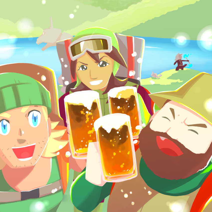 3boys ^_^ absurdres alcohol alolan_form alolan_marowak backpack bag beanie beard_stubble beer beer_mug black_eyes blonde_hair blue_eyes brown_hair brown_hat brown_vest closed_eyes cup day drink drinking_glass facial_hair foam gen_1_pokemon gen_7_pokemon geodude goggles green_hat green_shirt grey-framed_eyewear grin hand_up hat highres hiker_(pokemon) holding holding_drink holding_drinking_glass in-franchise_crossover lake long_sleeves male_focus medium_hair monomo_(pixiv_106518051) mug multiple_boys nintendo no_lineart onix outdoors pokemon pokemon_(creature) pokemon_dppt pokemon_sm pokemon_swsh shirt short_hair smile stubble teeth tinted_eyewear v-shaped_eyebrows vest yellow-tinted_eyewear