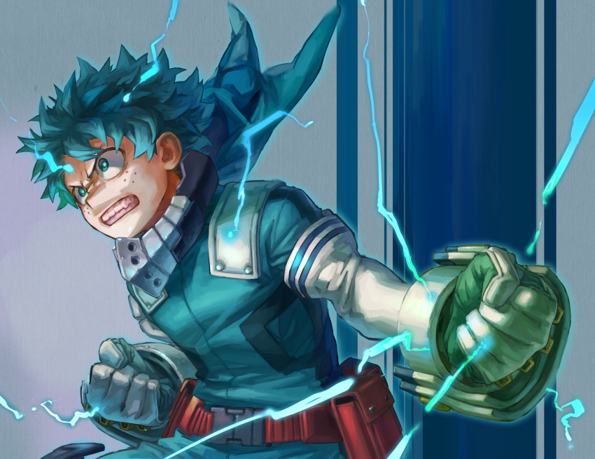 1boy absurdres asymmetrical_gloves belt belt_pouch blue_bodysuit blue_eyes blue_gloves blue_hair blue_pupils bodysuit boku_no_hero_academia bright_pupils buckle cape clenched_hands clenched_teeth commentary_request curly_hair electricity floating_clothes foreshortening freckles gloves gradient_background green_gloves hands_up highres leaning_forward blue_background looking_ahead male_focus mask mask_around_neck midoriya_izuku mismatched_gloves mouth_mask outstretched_arm partial_commentary pouch red_belt red_cape short_hair snap-fit_buckle teeth upper_body utility_belt v-shaped_eyebrows white_gloves wrinkled_fabric yomoyama_yotabanashi