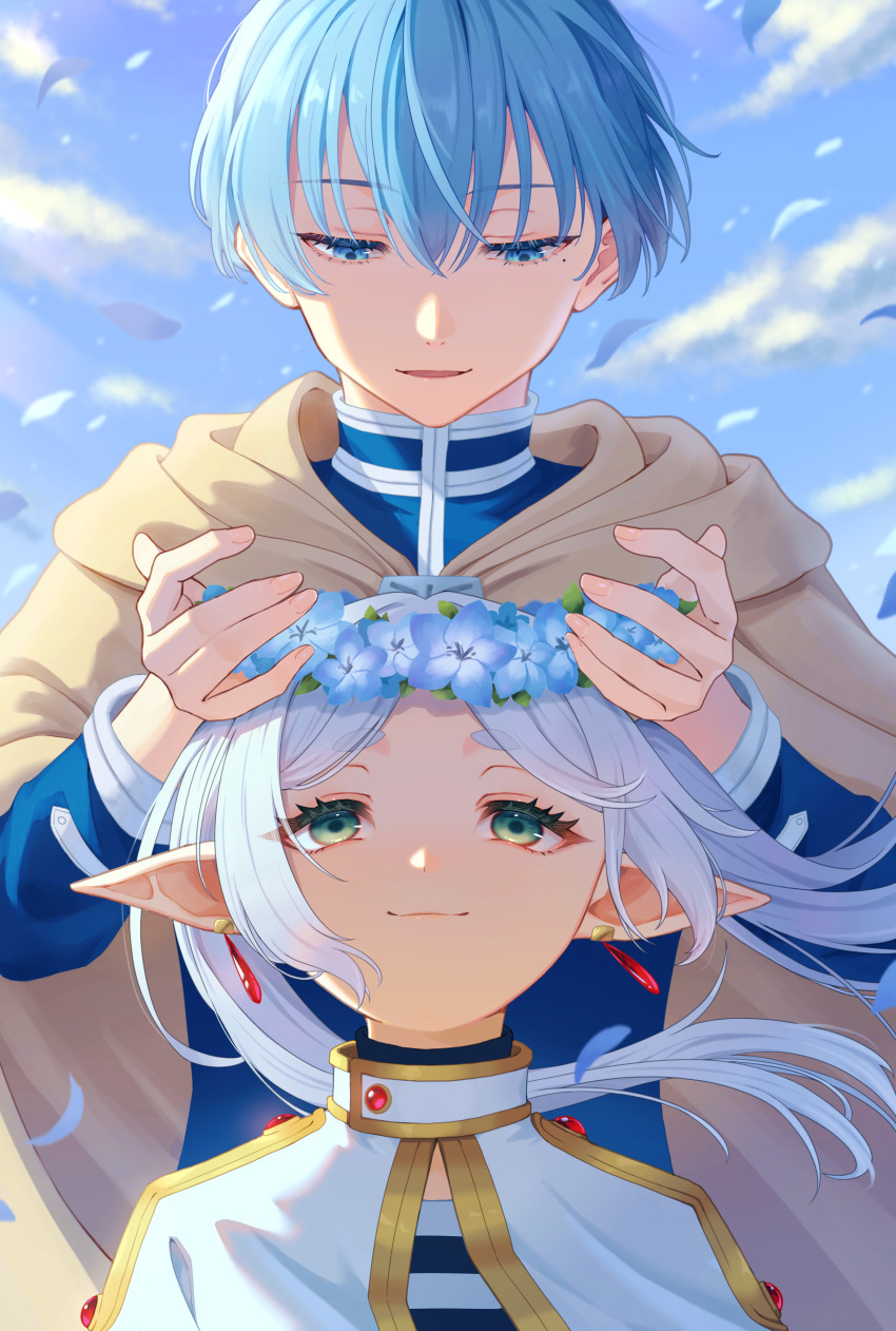 1boy 1girl absurdres bishounen blue_eyes blue_flower blue_hair capelet cloak closed_mouth day earrings elf eyelashes floating_earrings flower frieren green_eyes grey_cloak height_difference highres himmel_(sousou_no_frieren) jewelry long_hair long_sleeves looking_at_another nagi-negitoro open_mouth outdoors parted_bangs pointy_ears short_hair sidelighting smile sousou_no_frieren twintails white_capelet white_hair