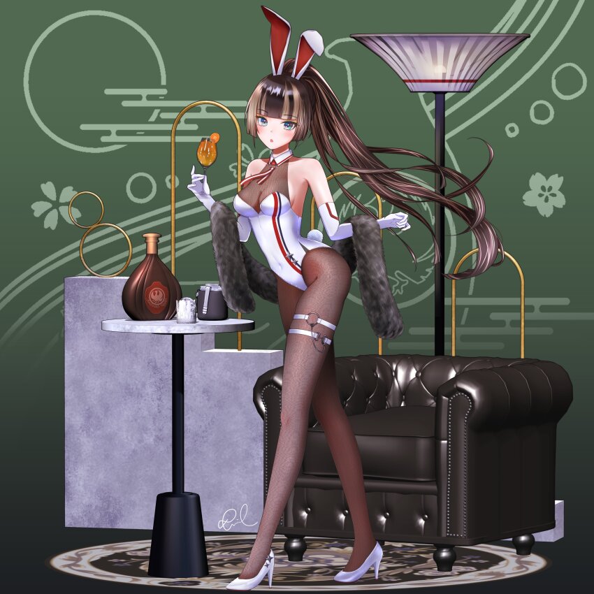 1girl absurdres alternate_costume animal_ears belt black_hair black_pantyhose blue_eyes bottle breasts cleavage cocktail_glass couch cup drinking_glass egasumi fake_animal_ears full_body gloves high_heels highres holding holding_cup hololive hololive_dev_is juufuutei_raden kail_(u2m3i) lamp leotard long_hair looking_at_viewer multicolored_hair nontraditional_playboy_bunny o-ring o-ring_belt pantyhose rabbit_ears signature solo standing streaked_hair table thigh_belt thigh_strap two-tone_hair virtual_youtuber white_gloves white_hair white_leotard