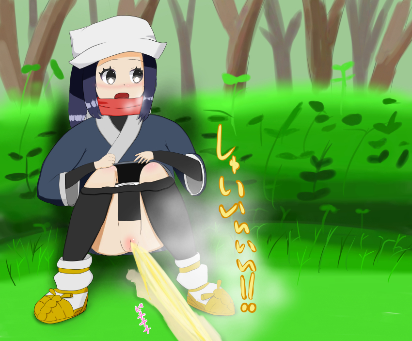 1girl absurdres akari_(pokemon) black_hair black_kimono black_pantyhose blush breath brown_sandals bush clothes_pull forest galaxy_expedition_team_survey_corps_uniform grass grey_eyes hat highres japanese_clothes k_(pixiv_109199668) kimono long_hair long_sleeves looking_down nature nintendo open_mouth panties panty_pull pantyhose pantyhose_pull peeing pokemon pokemon_legends:_arceus puddle pussy red_scarf relief sandals scarf socks sound_effects squatting steam tree underwear white_hat white_panties white_socks