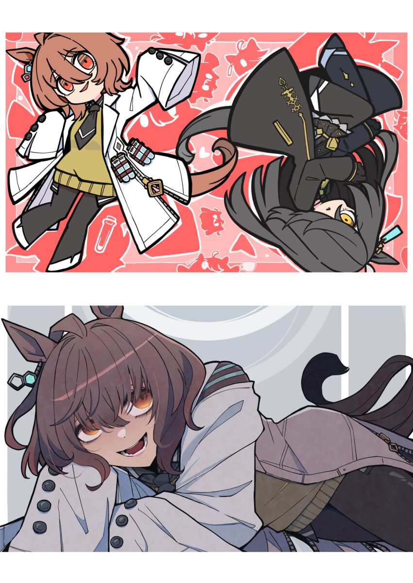 2girls agnes_tachyon_(umamusume) ahoge animal_ears black_coat black_footwear black_hair black_necktie brown_hair coat commentary_request ear_tag highres horse_ears horse_girl horse_tail kawamochi_(tddm3573) lab_coat long_hair manhattan_cafe_(umamusume) multiple_girls necktie open_mouth pantyhose red_eyes short_hair sleeves_past_fingers sleeves_past_wrists sweater tail umamusume white_coat white_footwear yellow_eyes