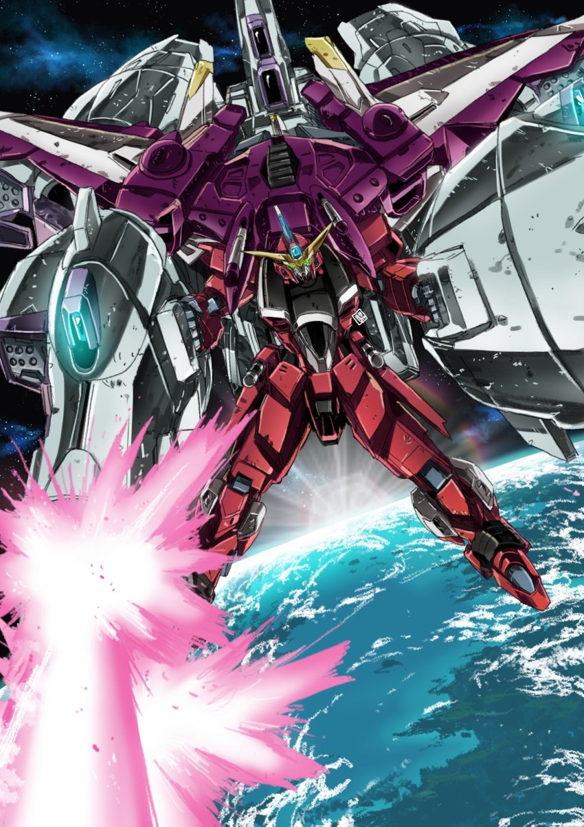 bad_id bad_pixiv_id clenched_hands firing garimpeiro glowing glowing_eyes green_eyes gundam gundam_seed highres justice_gundam laser mecha mecha_focus mechanical_wings meteor_(gundam) no_humans planet robot solo v-fin wings