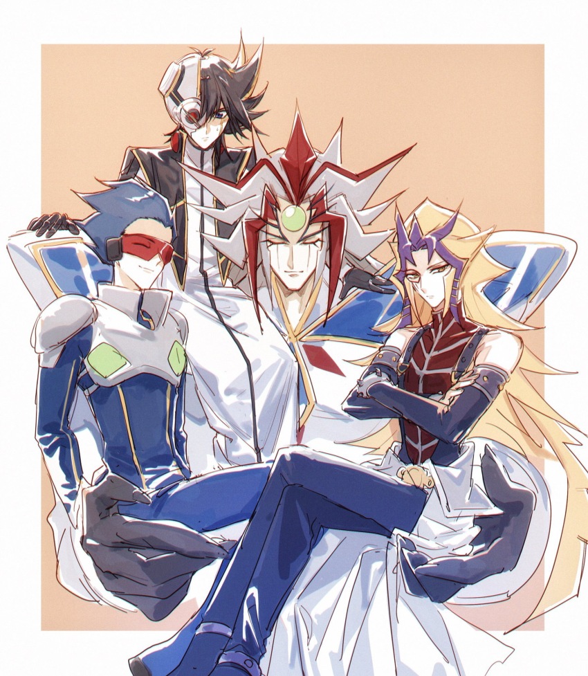 4boys alternate_costume antinomy aporia armlet armor assault_visor bad_id bad_lofter_id black_gloves black_hair blonde_hair blue_bodysuit blue_eyes blue_hair blue_pants bodysuit bracelet breastplate carrying carrying_multiple_people carrying_person claws closed_eyes crossed_arms detached_sleeves forehead_jewel fudo_yusei gem gloves green_gemstone grey_hair hair_slicked_back hand_on_another&#039;s_shoulder hands_up happy highres in-franchise_crossover jewelry large_hands light_frown light_smile long_hair long_sleeves looking_down looking_to_the_side male_focus multicolored_hair multiple_boys naoki_(2rzmcaizerails6) one_eye_covered orange_background pants paradox_(yu-gi-oh!) pauldrons purple_hair red-tinted_eyewear red_hair red_shirt robe shirt short_hair shoulder_armor sidelocks simple_background sitting sitting_on_person smile spiked_bracelet spiked_hair spikes streaked_hair sweatdrop tinted_eyewear turtleneck waist_cape white_robe yellow_eyes yu-gi-oh! yu-gi-oh!_3d_bonds_beyond_time yu-gi-oh!_5d&#039;s