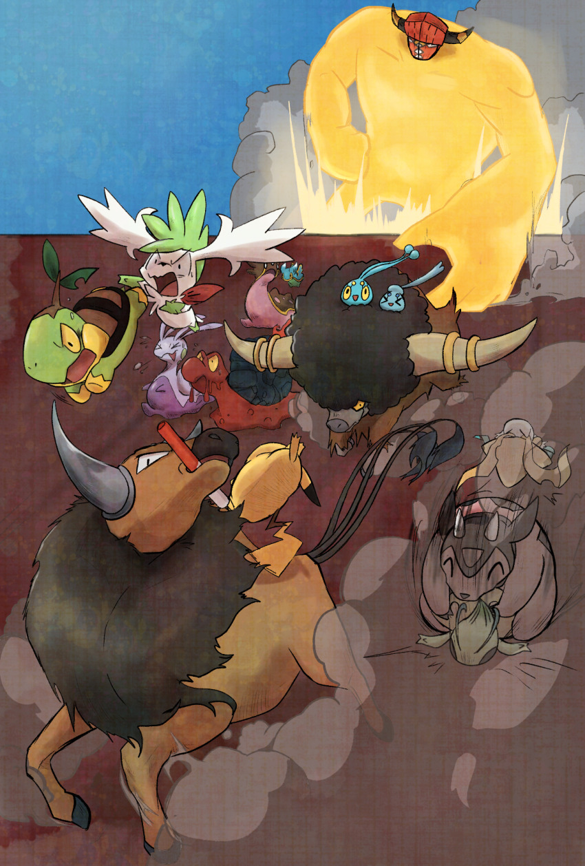 10ma10dantali0n 6+others animal_focus bouffalant celebi full_body gastrodon gastrodon_(west) gen_1_pokemon gen_2_pokemon gen_3_pokemon gen_4_pokemon gen_5_pokemon gen_6_pokemon gen_7_pokemon giant highres horns injury jirachi legendary_pokemon looking_at_another magcargo manaphy miltank multiple_others mythical_pokemon nintendo outdoors phione pikachu pokemon pokemon_move roll_out_(pokemon) running scared shaded_face shaymin shaymin_(sky) shellos shellos_(east) sky sliggoo smile tapu_bulu tauros turtwig xell z-move