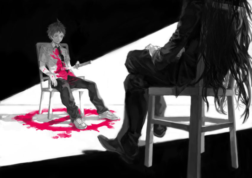10s 2boys ahoge amber389 black_hair blood chair danganronpa_(series) danganronpa_2:_goodbye_despair dual_persona formal_clothes hinata_hajime kamukura_izuru katana crossed_legs long_hair male_focus multiple_boys necktie pink_blood school_uniform sitting spoilers stab suit sword very_long_hair weapon