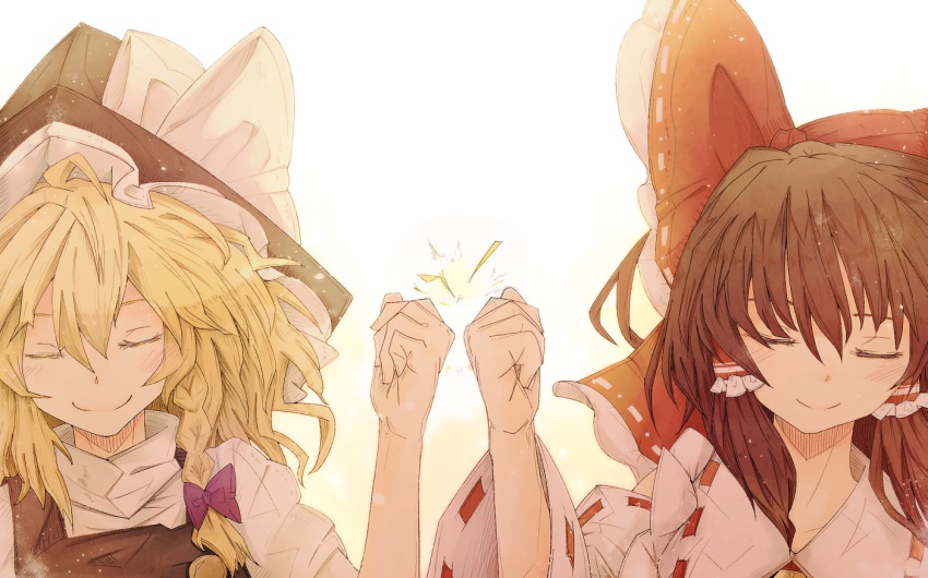 2girls ^^^ ahoge backlighting blonde_hair blouse bow braid brown_hair closed_eyes collared_shirt detached_sleeves female_focus fist_bump friends hair_between_eyes hair_bow hair_tubes hakurei_reimu hat hat_bow head_tilt kirisame_marisa long_hair multiple_girls pandora-ex ribbon ribbon-trimmed_bow ribbon_trim shirt side_braid single_braid smile touhou upper_body white_background white_shirt witch_hat yellow_background