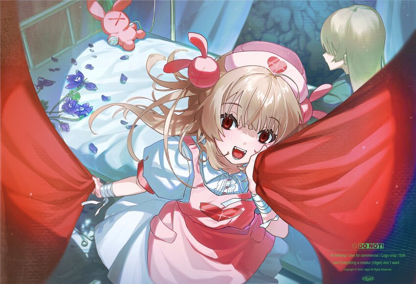 2girls apron bandaged_wrist bandages bed blonde_hair blush commentary_request flower hair_ornament hat heart heart_print highres long_hair looking_at_viewer multiple_girls natori_sana natori_sana_(hospital_gown) natori_sana_(nurse) nllget nurse_cap open_mouth pink_apron pink_hat purple_flower rabbit_hair_ornament red_eyes sana_channel shirt short_sleeves stuffed_animal stuffed_rabbit stuffed_toy teeth virtual_youtuber watermark white_shirt