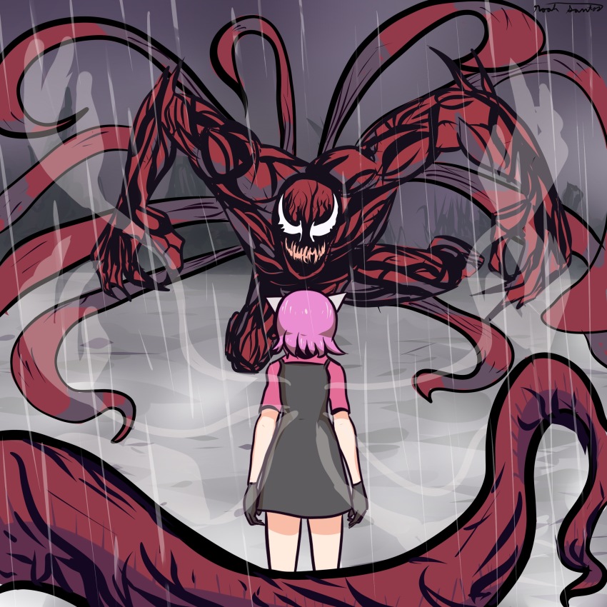 1boy 1girl absurdres animal_ears artist_name artist_request battle bodysuit breasts carnage_(marvel) cat_ears clash claws crossover death_battle deviantart_username dress duel elfen_lied fighting hand_up highres horns jump klyntar legs lucy_(elfen_lied) marvel mask medium_breasts open_mouth pink_hair praetopotato red_eyes sharp_teeth short_hair signature spider-man_(series) symbiote teeth tentacles vectors