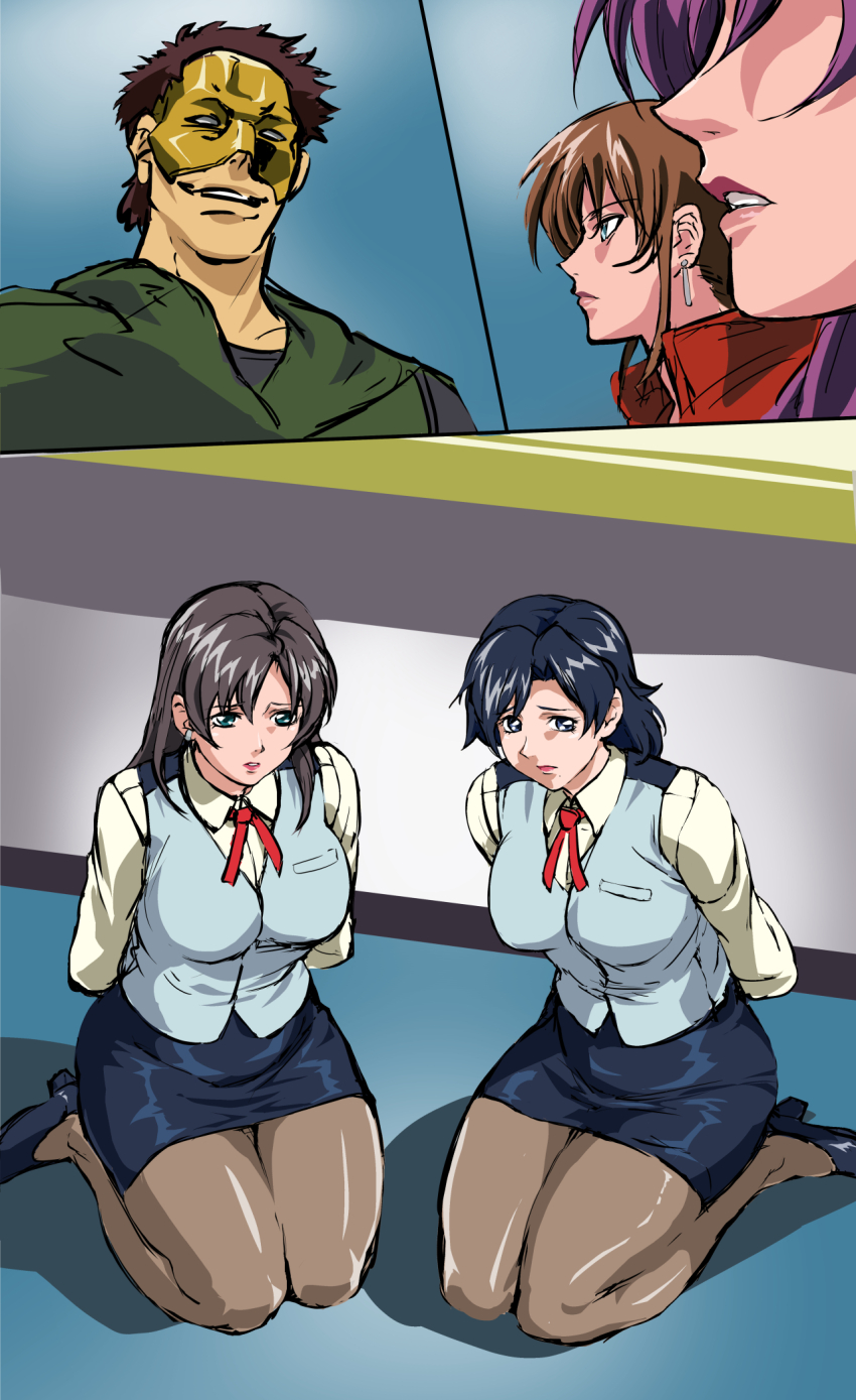 1boy 3koma 4girls ass bible_black black_hair blush breasts brown_hair brown_pantyhose comic curvy earrings extra female_bank_teller_(shin_bible_black) highres huge_ass jewelry large_breasts long_hair mamesi_(suhk8583) miniskirt multiple_girls multiple_views office_lady pantyhose restrained shin_bible_black shiny_skin short_hair skirt