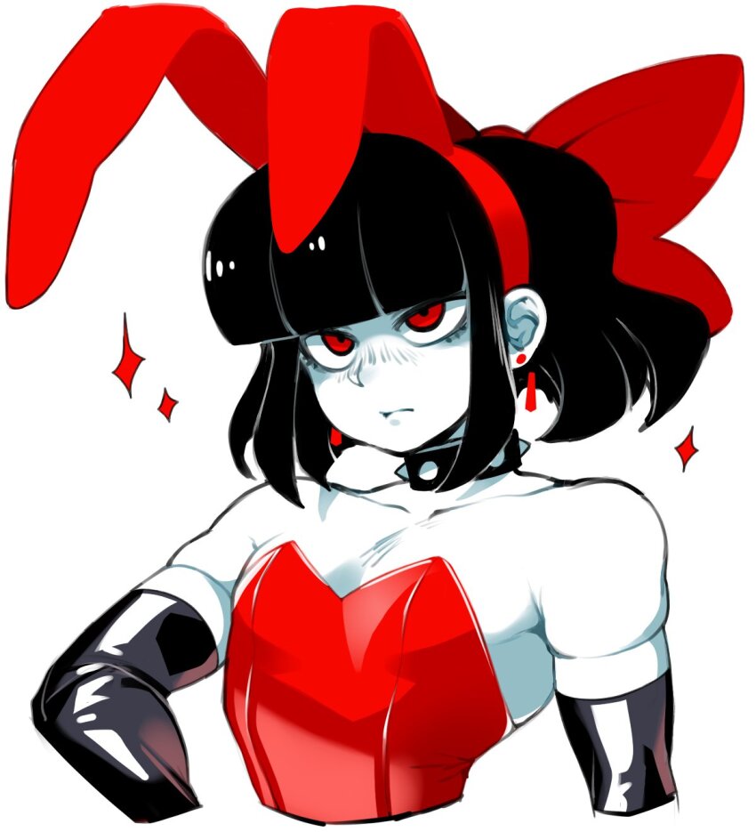 1boy androgynous black_hair choker collar crossdressing crossdressing_(mtf) dizzyspells elbow_gloves gloves highres leotard male_playboy_bunny pale_skin playboy_bunny red_eyes ribbon scythe_(dizzyspells) solo spiked_collar spikes