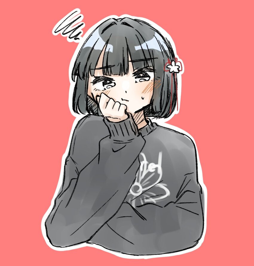 1girl alternate_costume black_hair black_sweater blunt_bangs blunt_ends bob_cut commentary cropped_torso flower flower_knot hair_flower hair_ornament highres link!_like!_love_live! long_sleeves love_live! momose_ginko outline puripuri_hurai red_background short_hair simple_background sleeves_past_wrists solo squiggle sweater virtual_youtuber white_outline