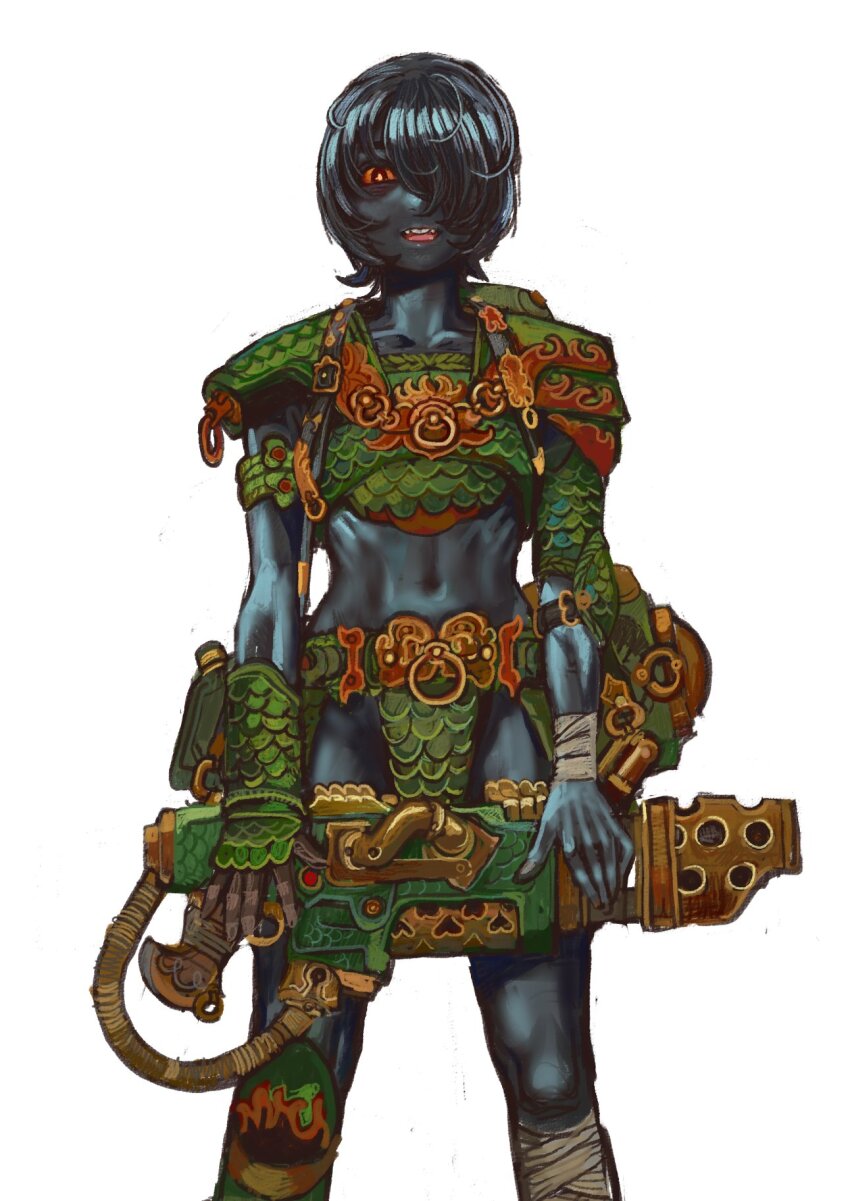 1girl adeptus_astartes arm_guards armor bandages belt_pouch black_hair black_skin breastplate colored_sclera colored_skin fangs flame_print gloves green_armor gun highres midriff mossacannibalis open_mouth orange_sclera pouch red_eyes ribs salamanders_(warhammer) shiny_skin short_hair shoulder_guard simple_background thong warhammer_40k weapon white_background