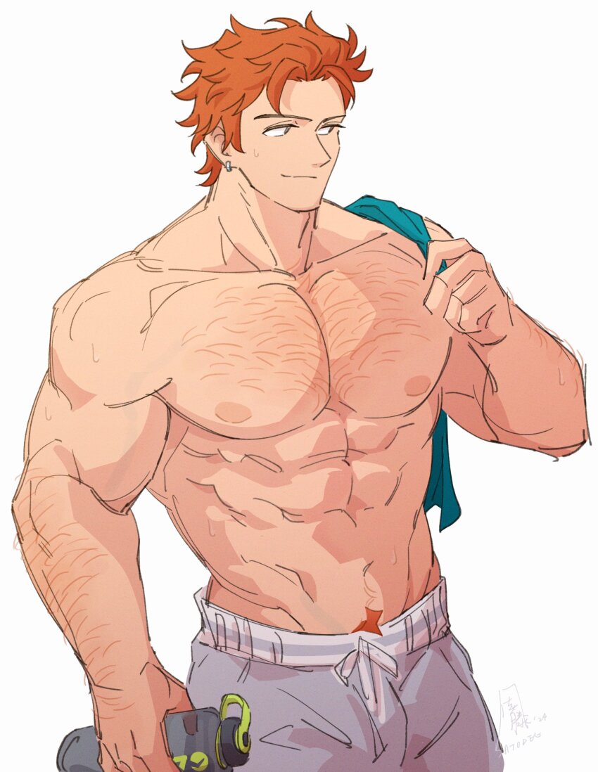 1boy abs absurdres arm_hair arm_up biceps bottle chest_hair closed_mouth collarbone commentary dated ear_piercing earrings english_commentary fire_emblem fire_emblem:_three_houses grey_pants groin highres holding holding_unworn_clothes jewelry looking_to_the_side male_focus male_pubic_hair nintendo nipples orange_hair pants pectorals piercing pubic_hair satodee short_hair sideways_glance signature simple_background single_earring smile solo sweat sweatdrop sweatpants sylvain_jose_gautier topless_male twitter_username unworn_clothes water_bottle white_background