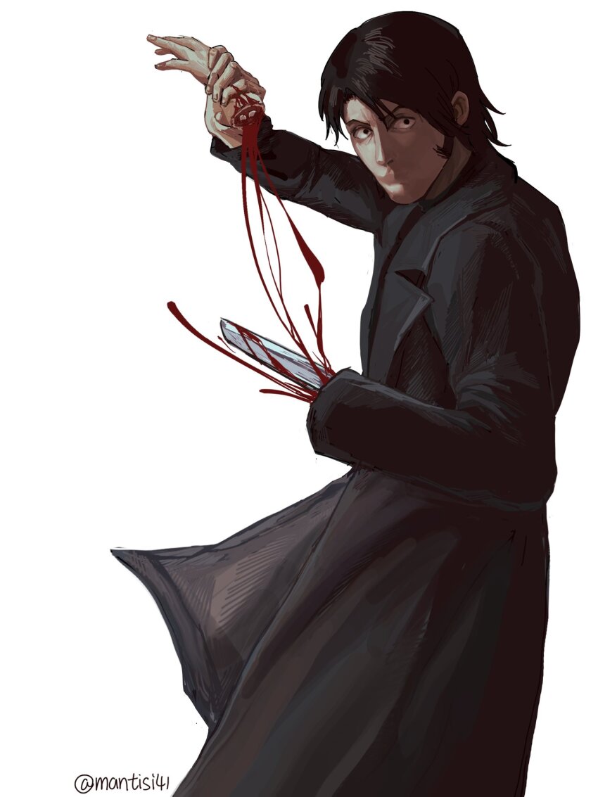1boy black_hair black_jacket blood chainsaw_man hand_grab highres jacket katana katana_man_(chainsaw_man) looking_at_viewer male_focus mantisi41 no_mouth severed_hand sword weapon