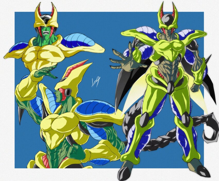 1boy alternate_color android arm_up armor arthropod_boy biomechanical black_carapace black_nails black_sclera blue_background blue_carapace border carapace cell_(dragon_ball) clenched_hand colored_sclera colored_skin commentary cropped_torso demon dragon_ball dragonball_z elbow_spikes english_commentary fangs fingernails full_body fusion green_carapace green_skin grey_skin highres hirudegarn insect_wings monster multiple_views muscular muscular_male open_mouth outstretched_arm perfect_cell reykovlor scorpion_tail serious sharp_fingernails shoulder_armor signature stinger tail teeth upper_body white_border wings yellow_carapace yellow_eyes
