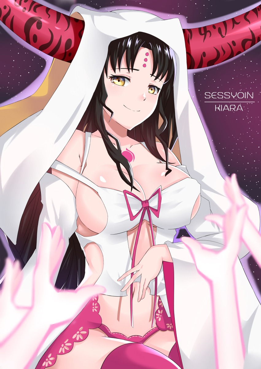 1girl absurdres black_hair black_horns breasts character_name chest_tattoo cleavage closed_mouth commentary cowboy_shot cutout_above_navel daweykun disembodied_hand dress facial_mark fate/extra fate/extra_ccc fate/grand_order fate_(series) forehead_mark highres horns large_breasts long_hair long_sleeves looking_at_viewer multicolored_horns navel panties parted_bangs pink_horns pink_panties pink_ribbon pink_thighhighs ribbon sessyoin_kiara sessyoin_kiara_(heaven&#039;s_hole) sessyoin_kiara_(third_ascension) sideboob sidelocks solo tattoo thighhighs underwear veil very_long_hair white_dress white_sleeves white_veil wide_sleeves yellow_eyes