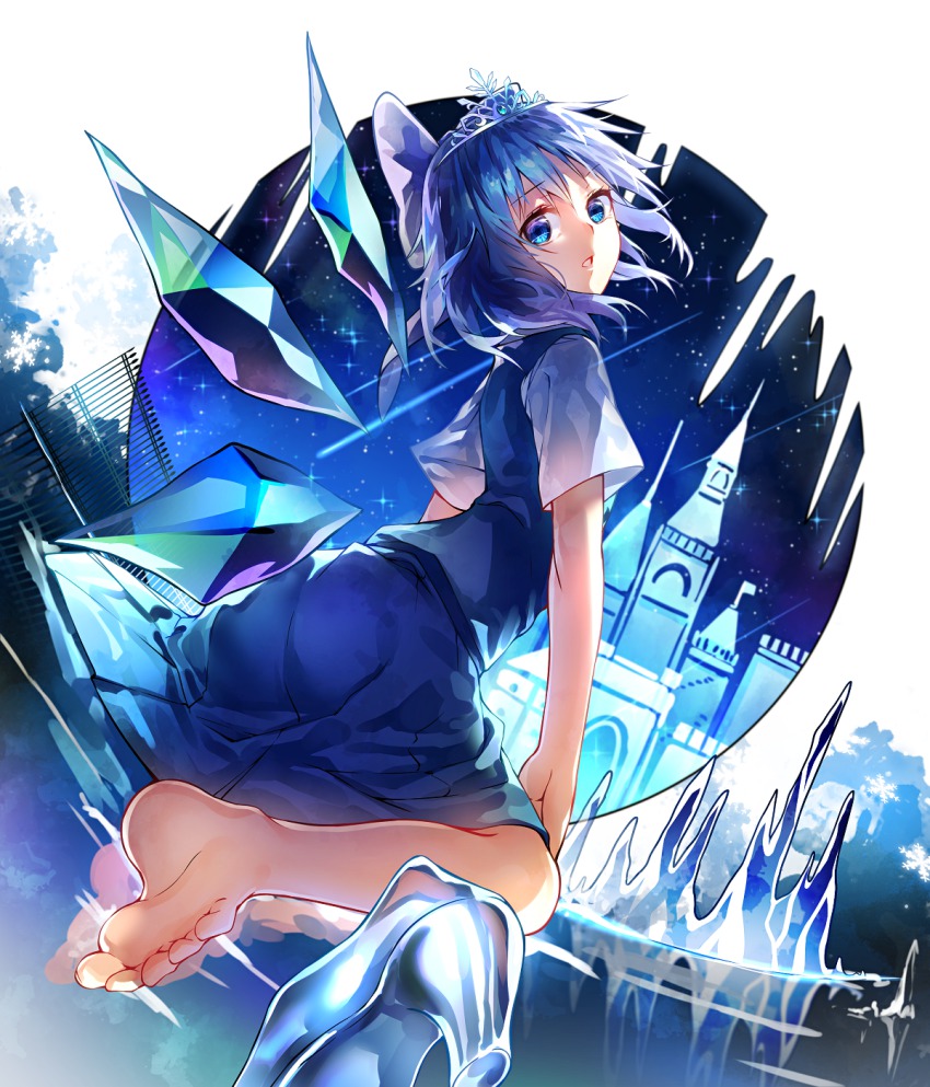 1girl arched_back barefoot blue_bow blue_eyes blue_hair blue_skirt blue_theme blue_vest bow castle cinderella_(disney_movie) cirno feet female_focus fence glass_slipper hair_bow high_heels highres ice ice_shoes ice_wings looking_back matching_hair/eyes reflection shoes shooting_star short_hair sitting skirt sky snowflakes soles solo star_(sky) starry_sky tiara touhou u_u_zan unworn_shoes vest wings