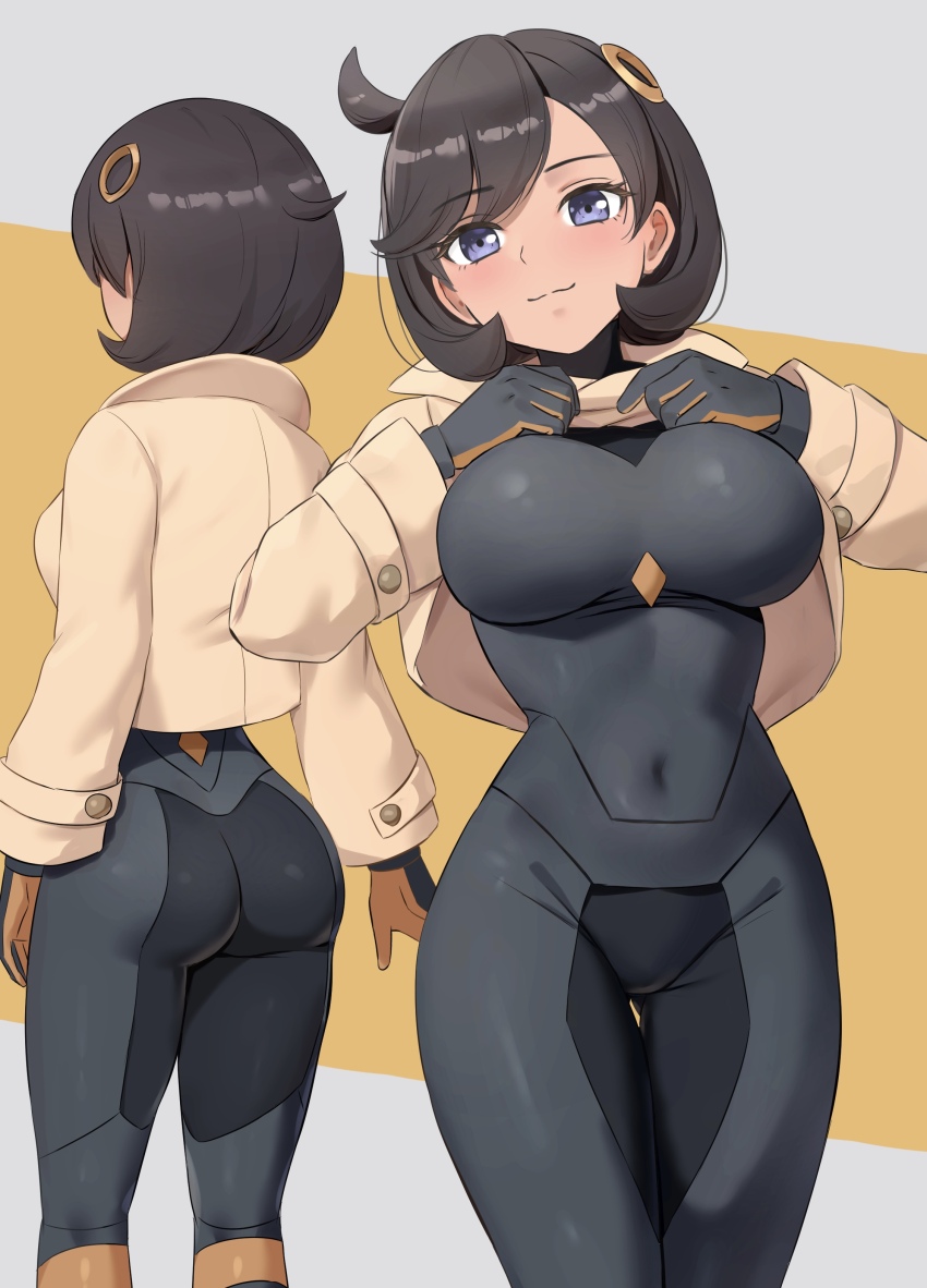1girl absurdres amayo_thranana ass black_bodysuit black_hair blue_eyes bodysuit breasts closed_mouth clothes_lift commentary_request dark-skinned_female dark_skin emma_(pokemon) hair_ornament highres jacket jacket_lift large_breasts lifting_own_clothes multiple_views nintendo paid_reward_available pokemon pokemon_legends:_z-a short_hair side_ahoge skin_tight