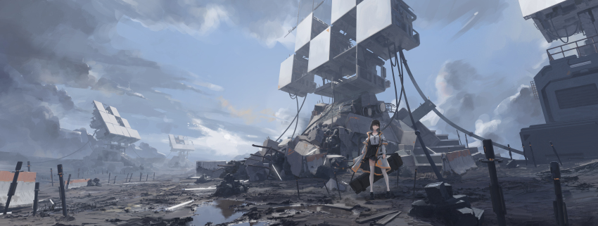 1girl absurdres animal_ear_fluff animal_ears bag black_hair black_sailor_collar black_skirt cat_ears cloud cloudy_sky construction dirt expressionless highres holding holding_bag holding_phone incredibly_absurdres jacket open_clothes open_jacket original outdoors phone red_eyes ribbon rotarran sailor_collar scenery school_uniform serafuku shirt short_hair skirt sky solo thighhighs war white_jacket white_serafuku white_shirt white_thighhighs