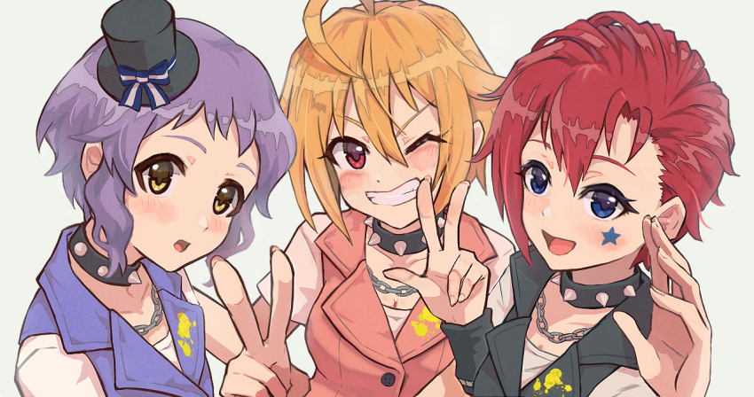 3girls ahoge black_hat blue_eyes blush breasts chain chain_necklace choker cleavage commentary_request eyelashes grin hair_between_eyes hat head_tilt ibuki_tsubasa idolmaster idolmaster_million_live! idolmaster_million_live!_theater_days jacket jewelry julia_(idolmaster) looking_at_viewer makabe_mizuki mine101 mini_hat mini_top_hat multiple_girls necklace open_mouth pink_shirt purple_hair purple_jacket red_eyes red_hair shirt simple_background smile spiked_choker spikes star_on_cheek top_hat v white_background yellow_eyes