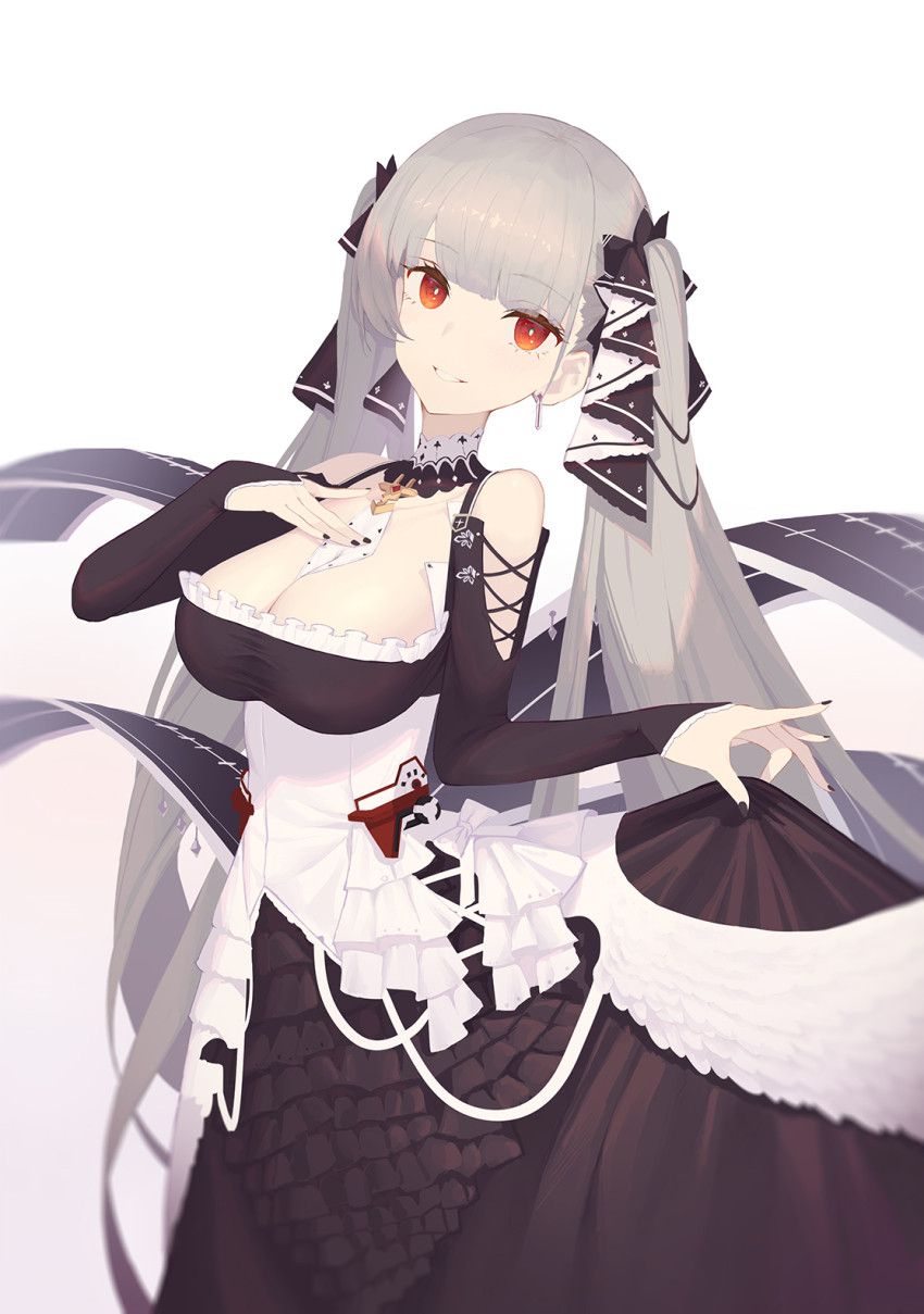 1girl azur_lane bare_shoulders between_breasts black_dress black_nails blush breasts cleavage dress formidable_(azur_lane) frilled_dress frills grey_hair hair_ribbon highres large_breasts long_hair looking_at_viewer necktie necktie_between_breasts red_eyes ribbon shigma simple_background solo twintails two-tone_dress two-tone_ribbon very_long_hair white_background