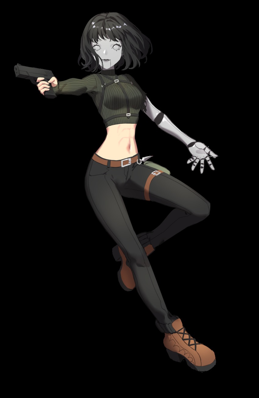 1girl absurdres angelika_(voxwave) belt black_hair black_pants gun highres mask mechanical_arms midriff muscular navel official_art pants saphirya short_hair single_mechanical_arm voxwave weapon