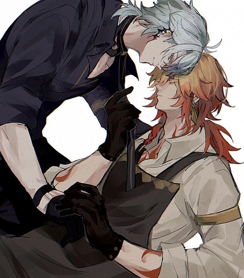 2boys antenna_hair apron arm_tattoo armlet black_apron black_choker black_gloves black_shirt blonde_hair blue_eyes braid chest_tattoo choker collared_shirt commentary_request earclip earrings facial_tattoo gloves gold_earrings gradient_hair hair_between_eyes half_gloves highres holding holding_leash honkai:_star_rail honkai_(series) jewelry k_7s leash looking_at_another male_focus medium_hair multicolored_hair multiple_boys mydei_(honkai:_star_rail) official_alternate_costume parted_bangs pectoral_cleavage pectorals phainon_(fashion)_(honkai:_star_rail) phainon_(honkai:_star_rail) ponytail red_hair red_tattoo shirt short_hair side_braid simple_background tattoo white_background white_hair yaoi yellow_eyes