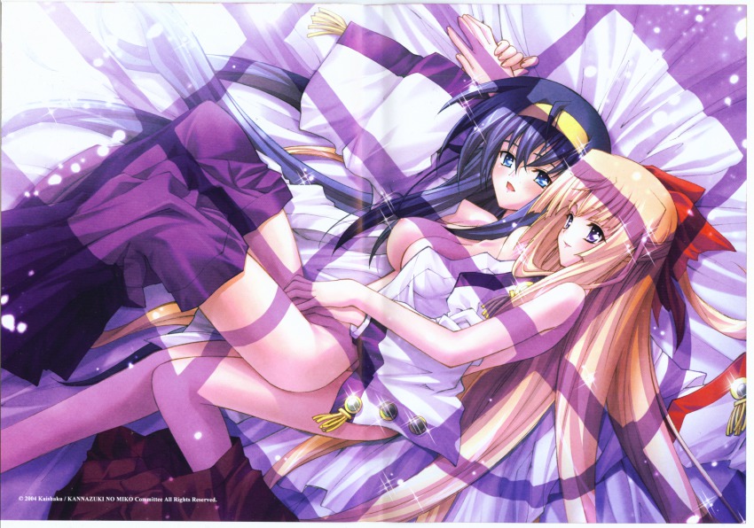 00s 2004 2girls artist_name blonde_hair blue_eyes blue_hair bow copyright_name couple from_above hair_bow hairband hakama hakama_skirt half_updo highres himemiya_chikane holding_hands huge_filesize japanese_clothes kaishaku kannazuki_no_miko kurusugawa_himeko light_smile long_hair lying moonlight multiple_girls night nipples nude official_art on_bed open_mouth pillow purple_eyes red_bow scan scan_artifacts skirt sparkle undressing very_long_hair wide_sleeves yuri