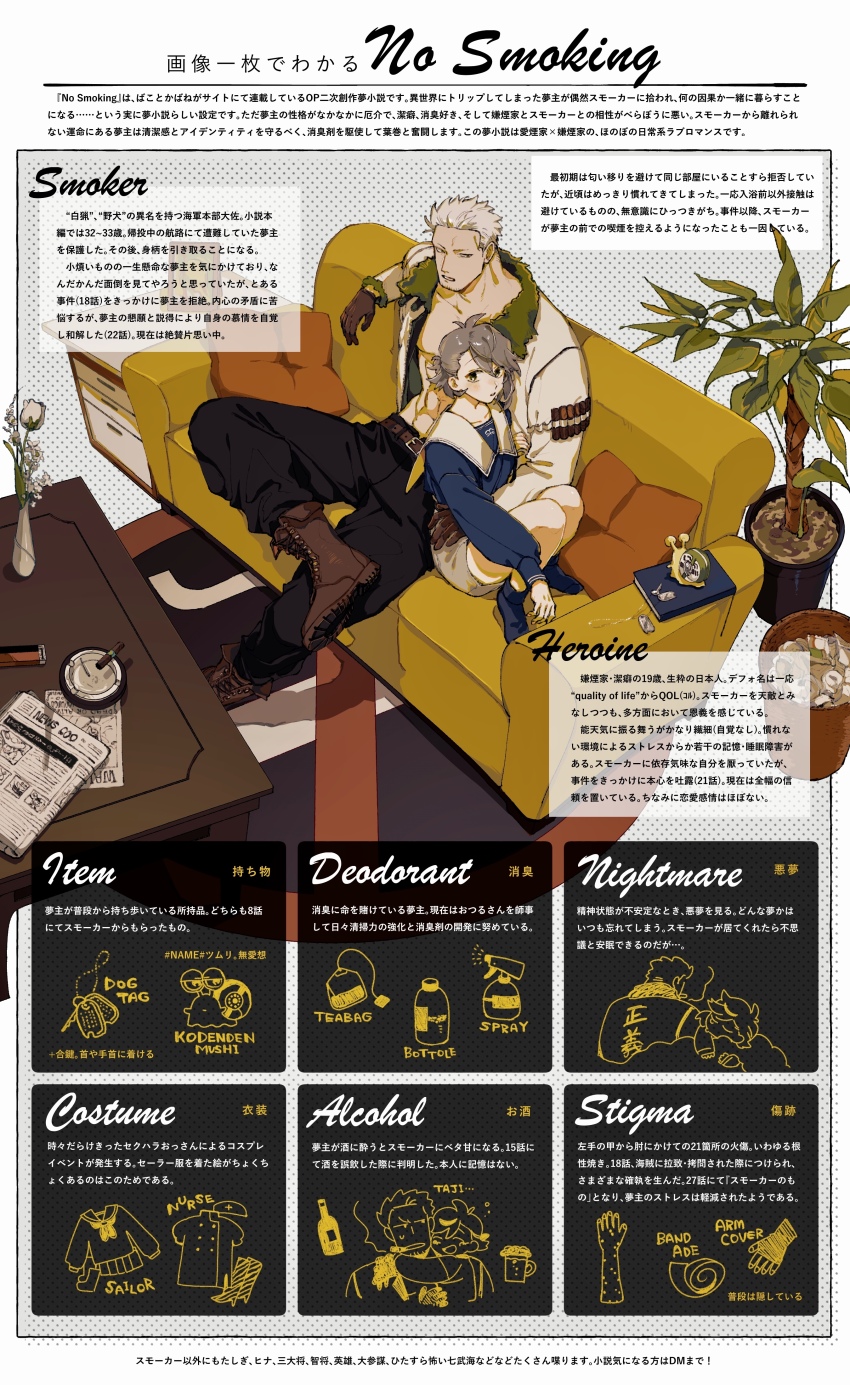 1boy 1girl abs absurdres alarm_clock antenna_hair ashtray asymmetrical_bangs belt black_pants black_socks blue_shirt blush book boots brown_belt brown_boots brown_gloves cigar clock coffee_table collarbone commentary_request couch cushion facial_hair figure_four_sitting flower fold-over_boots folded_ponytail fur-trimmed_jacket fur_trim gloves goatee_stubble grey_eyes grey_hair grey_skirt hair_between_eyes hand_around_waist highres information_sheet jacket kabane_(rjev8385) lighter long_sleeves looking_at_another looking_at_viewer muscular muscular_male newspaper no_shirt no_smoking oc_x_canon on_couch one_piece open_clothes open_jacket original pants parted_lips picture_frame plant potted_plant rug sailor_collar scar scar_on_face scar_on_forehead shirt short_hair sitting skirt smoker_(one_piece) socks stubble table translation_request trash_can tree vase white_flower white_hair white_jacket white_sailor_collar wooden_table