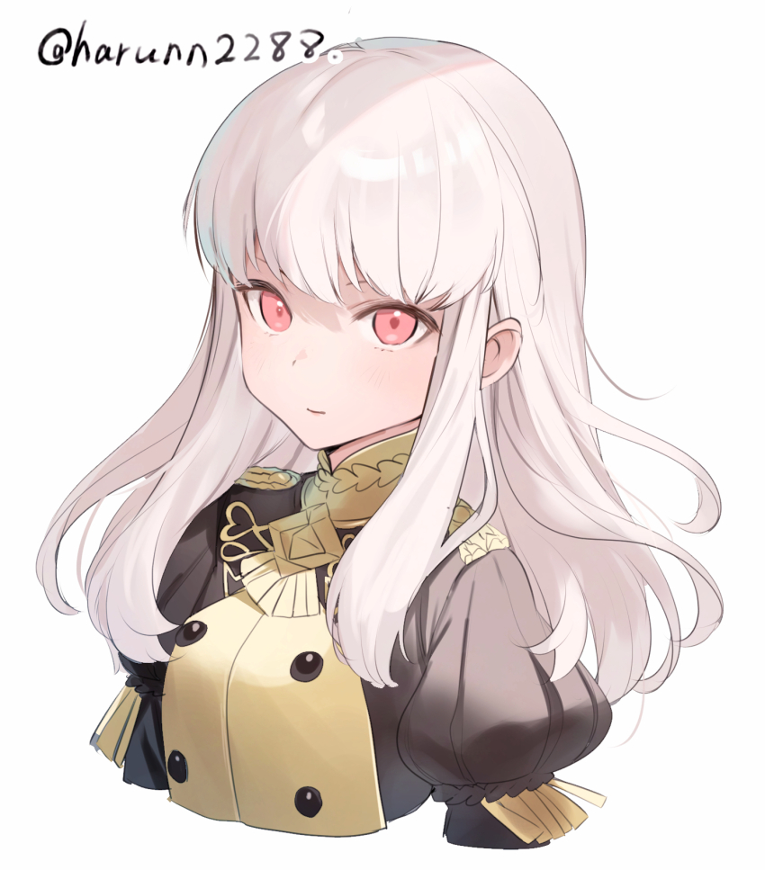 1girl closed_mouth fire_emblem fire_emblem:_three_houses garreg_mach_monastery_uniform haru_(nakajou-28) highres long_hair long_sleeves looking_at_viewer lysithea_von_ordelia nintendo pink_eyes simple_background solo upper_body white_background white_hair