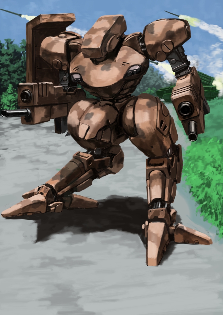 1other arm_cannon contrail dual_arm_cannons dual_wielding front_mission gun gust_(front_mission) highres holding mecha missile no_humans outdoors reverse-jointed_legs robot tyokugekidato weapon