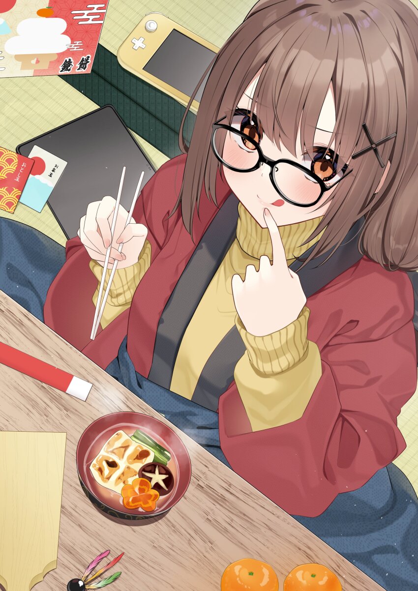 1girl :q absurdres black-framed_eyewear blush borumete bowl brown_eyes brown_hair chopsticks commentary_request cross_hair_ornament drawing_tablet finger_to_mouth food food_request from_above fruit glasses hair_ornament highres holding holding_chopsticks jacket kotatsu long_hair long_sleeves looking_at_viewer mandarin_orange nintendo_switch_lite open_clothes open_jacket original promotional_art red_jacket sidelocks solo sweater table tongue tongue_out turtleneck turtleneck_sweater under_kotatsu under_table xp-pen yellow_sweater