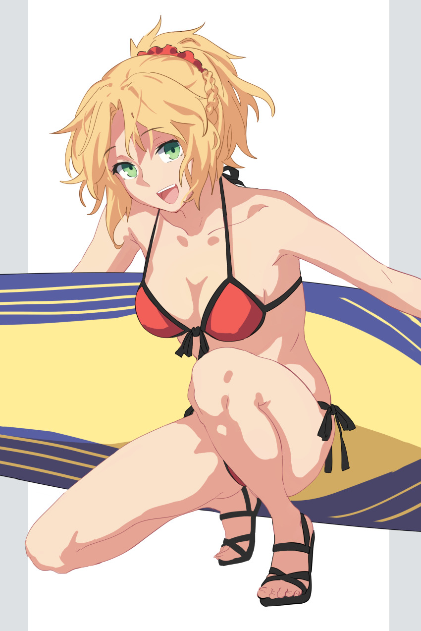 1girl absurdres bare_shoulders bikini blonde_hair blush braid breasts cleavage collarbone das_(dan_dan) fate/grand_order fate_(series) green_eyes highres long_hair looking_at_viewer medium_breasts mordred_(fate) mordred_(swimsuit_rider)_(fate) mordred_(swimsuit_rider)_(first_ascension)_(fate) navel open_mouth parted_bangs ponytail prydwen_(fate) red_bikini sandals sidelocks smile solo surfboard swimsuit thighs