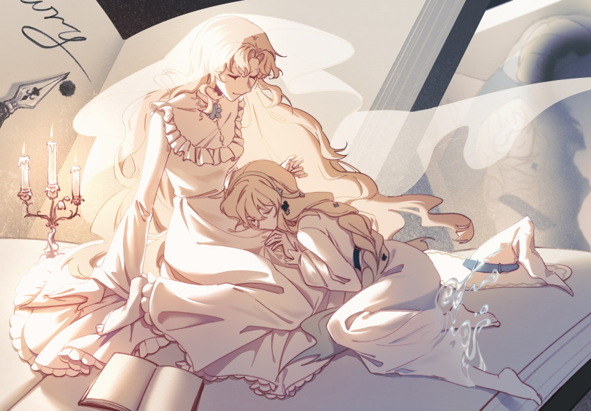 2girls absurdres aesc_(fate) aesc_(rain_witch)_(fate) artist_request blonde_hair braid candle closed_eyes commission dress fate/grand_order fate_(series) hair_between_eyes hat highres long_hair mother_and_daughter multiple_girls second-party_source sleeping very_long_hair white_dress witch_hat