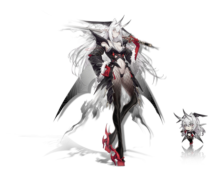 1girl artist_request check_artist chibi clover_theater demon_girl eyeliner fishnet_pantyhose fishnets full_body grey_eyes holding holding_sword holding_weapon horns katana long_hair long_sleeves makeup official_art oni ootakemaru_(clover_theater) pale_skin pantyhose pointy_ears red_eyeliner shanyao_jiang_tororo standing sword weapon white_hair white_horns wide_sleeves