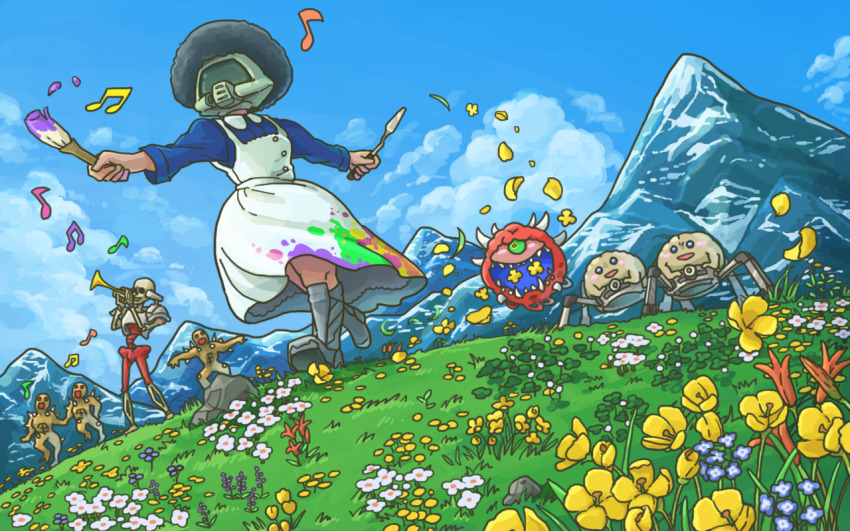1boy afro arachnotron armored_boots assault_visor blue_shirt blue_sky boots buttons cacodemon clover colored_sclera commentary_request creature crossdressing cyborg dancing day demon doom_(series) doom_ii doomguy doot_(meme) dress dutch_angle eighth_note field flower girly_running grass green_sclera helmet holding holding_paintbrush horns imp_(doom) instrument kurashiki_nanka long_sleeves meadow meme mountain musical_note one-eyed outdoors outstretched_arms paint paint_stains paintbrush palette_knife parody petals revenant_(doom) rock running shirt shirt_under_dress skeleton sky spread_arms the_sound_of_music trumpet white_dress yellow_flower