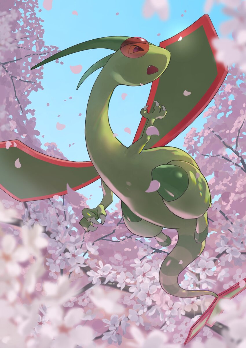 blue_sky blurry blurry_foreground cherry_blossoms claws commentary dragon falling_petals fang flygon flying from_below full_body gen_3_pokemon green_wings highres kanataeni nintendo no_humans open_mouth outdoors petals pink_petals pokemon pokemon_(creature) purple_eyes sky smile solo symbol-only_commentary tail tree wings