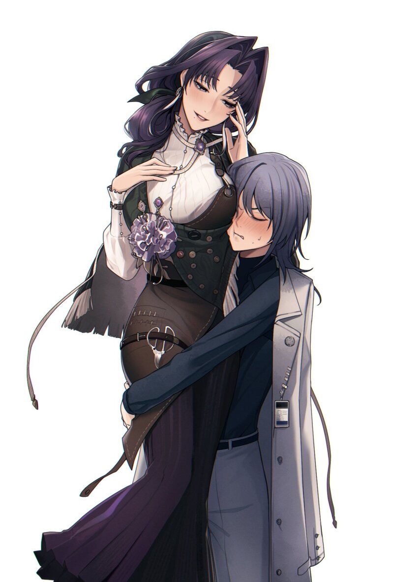 2girls angon623 apron black_shirt blush breast_press breasts brooch carrying carrying_person chief_(path_to_nowhere) closed_eyes coat coat_on_shoulders collar collared_shirt commentary curtained_hair earrings face_to_breasts female_chief_(path_to_nowhere) flower frilled_collar frills garofano_(path_to_nowhere) green_hairband green_shawl grey_coat grey_hair grey_pants hair_intakes hairband hand_on_own_chest hand_on_own_face hashtag-only_commentary highres id_card jewelry large_breasts leather_apron long_hair long_skirt mole mole_under_mouth multiple_girls needle pants parted_bangs parted_lips path_to_nowhere purple_eyes purple_flower purple_hair purple_skirt scissors sewing_needle shirt simple_background skirt smile striped_clothes striped_shirt sweat tape_measure vertical-striped_clothes vertical-striped_shirt wavy_mouth white_background white_shirt