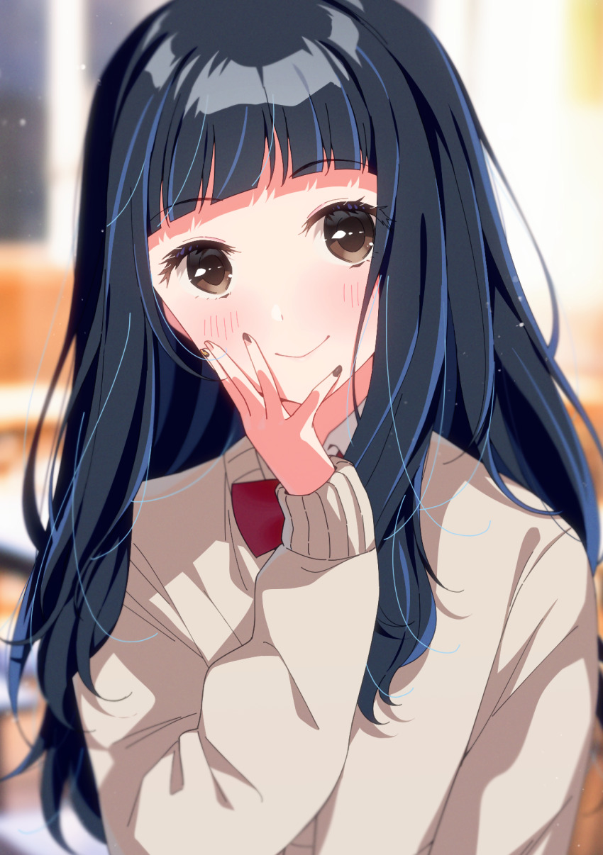 1girl black_hair blunt_bangs blurry blurry_background blush brown_cardigan cardigan commentary_request fingernails gnash15 highres long_hair looking_at_viewer nail_polish oshi_no_ko partial_commentary school_uniform smile solo sumi_yuki upper_body very_long_hair