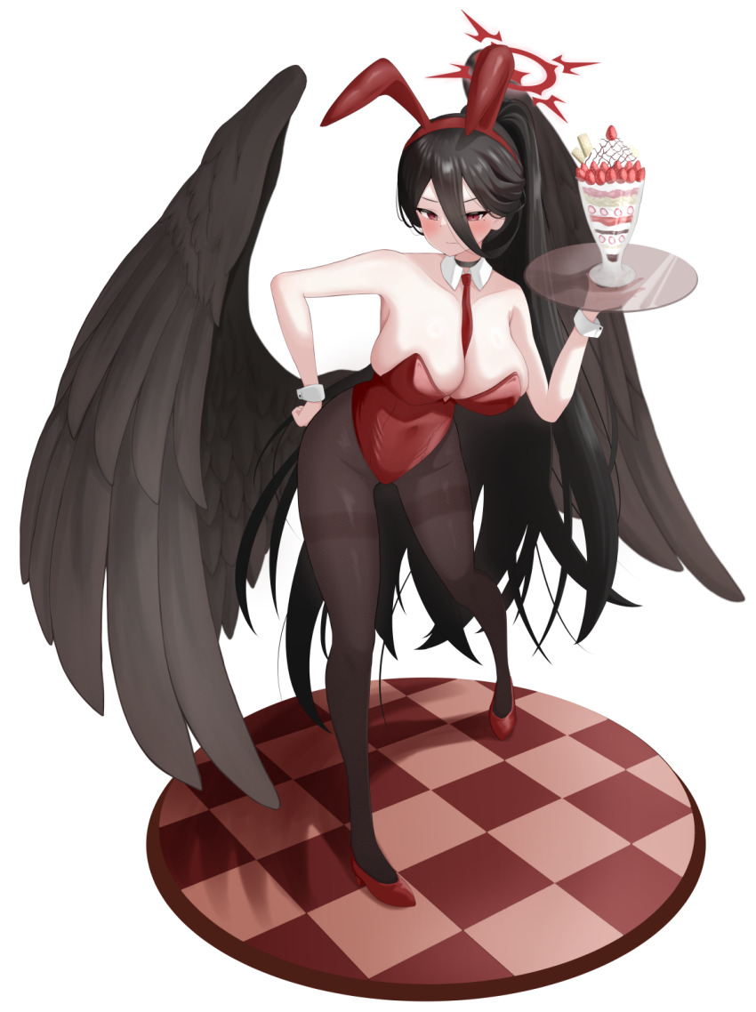 1girl alternate_costume animal_ear_hairband animal_ears bare_shoulders between_breasts black_hair black_wings block_heels blue_archive blush breasts choker detached_collar fake_animal_ears food full_body hair_between_eyes hairband halo hasumi_(blue_archive) highleg highleg_leotard highres holding holding_tray large_breasts leotard long_hair long_hair_between_eyes looking_at_viewer low_wings mole mole_under_eye necktie necktie_between_breasts oversized_wings pantyhose parfait peeeeee5765 playboy_bunny ponytail rabbit_ear_hairband rabbit_ears red_eyes red_halo red_leotard red_necktie red_shoes shoes sleeveless solo strapless strapless_leotard strawberry_parfait thighband_pantyhose tray very_long_hair wings wrist_cuffs