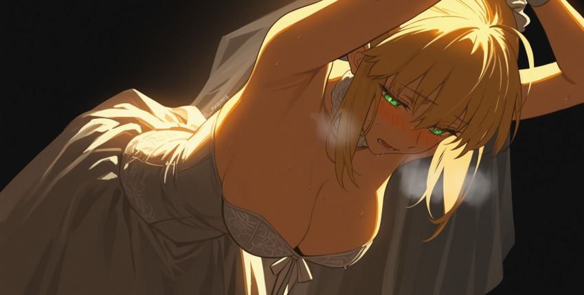 1girl artoria_pendragon_(fate) bare_arms bare_shoulders black_background blonde_hair blush bound bound_wrists braid braided_bun breasts bun_with_braided_base dress fate/stay_night fate_(series) green_eyes hair_between_eyes hair_bun highres long_hair looking_down open_mouth ponytail ringsang saber_(fate) solo strapless strapless_dress very_long_hair wedding_dress white_dress
