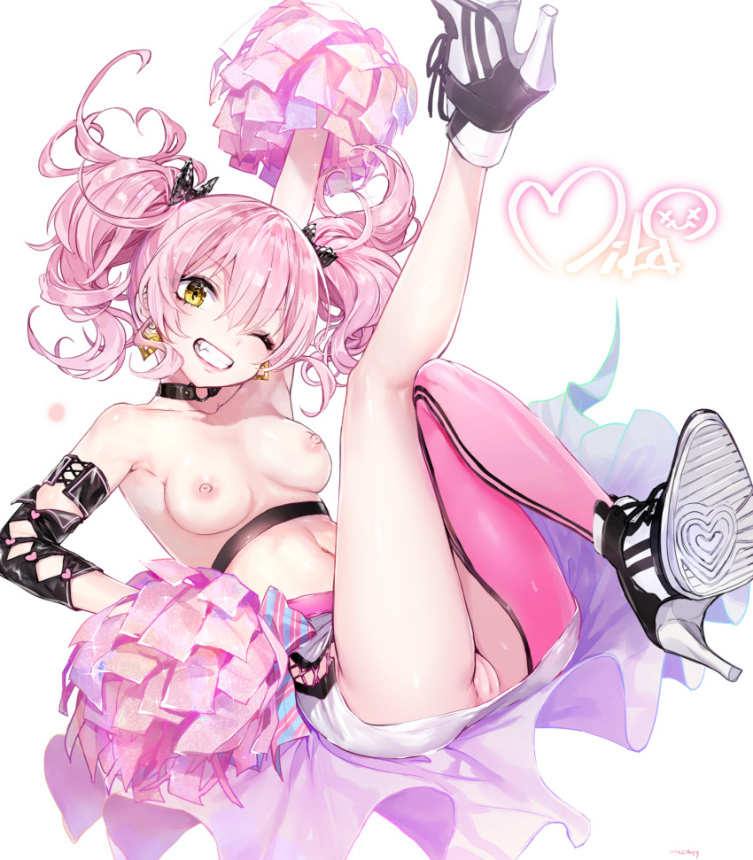 10s 1girl ;d arm_up armpits asymmetrical_clothes black_bow black_neckwear bow breasts cheerleader choker cleft_of_venus collarbone earrings eyelashes fang grin hair_between_eyes hair_bow hair_ornament hand_on_own_hip heart heart_earrings high_heels highres idolmaster idolmaster_cinderella_girls jewelry jougasaki_mika legs_up looking_at_viewer medium_breasts midriff miniskirt navel nekometaru nipples no_panties nude_filter one_eye_closed open_mouth pink_hair pink_lips pom_pom_(cheerleading) pussy shiny_skin shoelaces signature simple_background single_pantsleg skirt sleeveless smile solo stomach third-party_edit topless_female two_side_up white_background white_skirt yellow_eyes