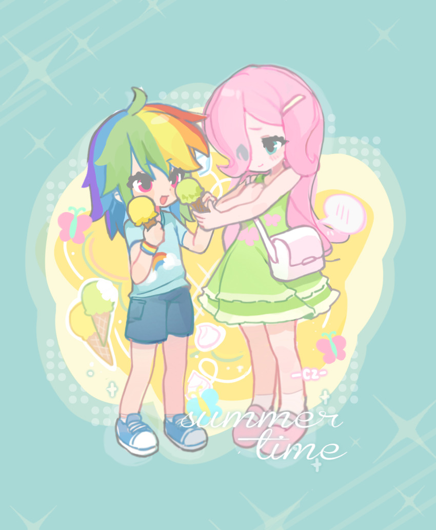 2girls :d aged_down ahoge animal_print ankle_socks aqua_border aqua_eyes bag bare_arms bare_shoulders blonde_hair blue_hair blue_shirt blue_shoes blue_shorts border bracelet butterfly_print chengzi82020 child chinese_commentary closed_mouth commentary_request cutie_mark denim denim_shorts dress english_text eyes_visible_through_hair face-to-face fluttershy fluttershy_(equestria_girls) food full_body green_dress green_hair hair_ornament hair_over_one_eye halftone halftone_background highres holding holding_food holding_ice_cream_cone ice_cream ice_cream_cone jewelry long_hair looking_at_another mary_janes medium_dress multicolored_hair multiple_girls my_little_pony my_little_pony:_equestria_girls my_little_pony:_friendship_is_magic open_mouth orange_hair outside_border pink_hair pink_shoes purple_hair rainbow_dash rainbow_dash_(equestria_girls) rainbow_hair red_eyes red_hair shirt shoes short_sleeves shorts shoulder_bag simple_background sleeveless sleeveless_dress smile socks sparkle spoken_blush standing streaked_hair white_bag white_socks yellow_background yuri