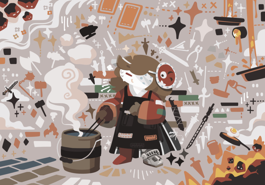 1other ametsukana_yago androgynous apron bandage_over_one_eye black_apron brilliant_pagoda_or_haze_castle brown_hair bucket bucket_of_water closed_eyes closed_mouth fire flower fried_egg frying_pan hammer hyottoko_mask japanese_clothes kimono len&#039;en len&#039;en mask mask_on_head metal other_focus red_footwear red_kimono rock solo steam sweatdrop sword thatpebble water weapon wrench
