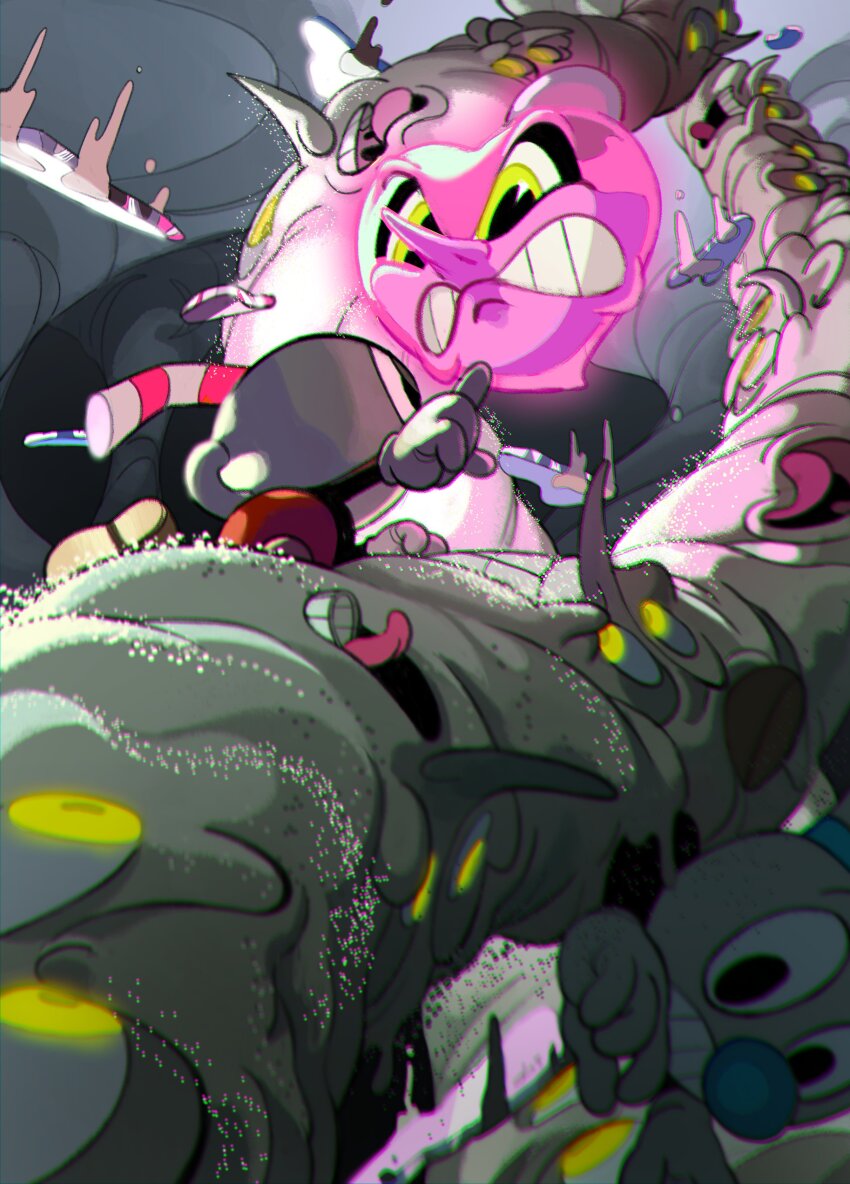 2boys absurdres angry chef_saltbaker clenched_teeth cup cuphead cuphead_(game) doi_m2000 drinking_straw eldritch_abomination falling fighting glass glass_shards gloves glowing highres looking_at_another looking_down menacing mugman multiple_boys multiple_faces no_humans pointing salt salt_shaker size_difference teeth tower white_gloves