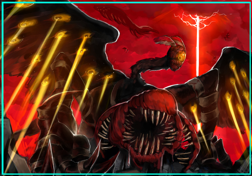absurdres apocalypse apocalypse_bird bandages bird black_wings claws cloud cloudy_sky energy_beam extra_eyes head_wings highres lobotomy_corporation looking_at_viewer lubban no_humans project_moon red_sky sky teeth white_bird wings